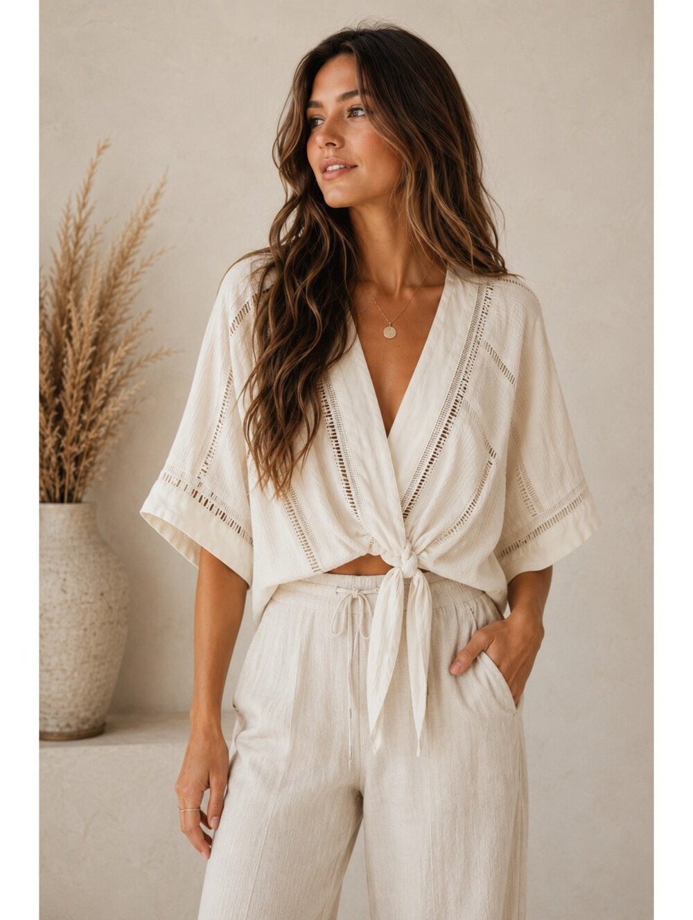 Tie-Front V-Neck Blouse in Cream